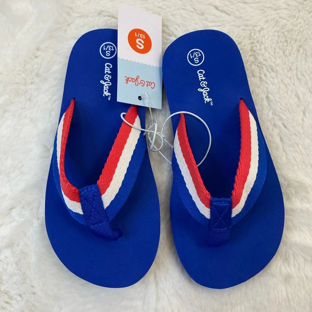 CAT & JACK Boys Flip Flops NWT | Size 13/1 | Red White & Blue